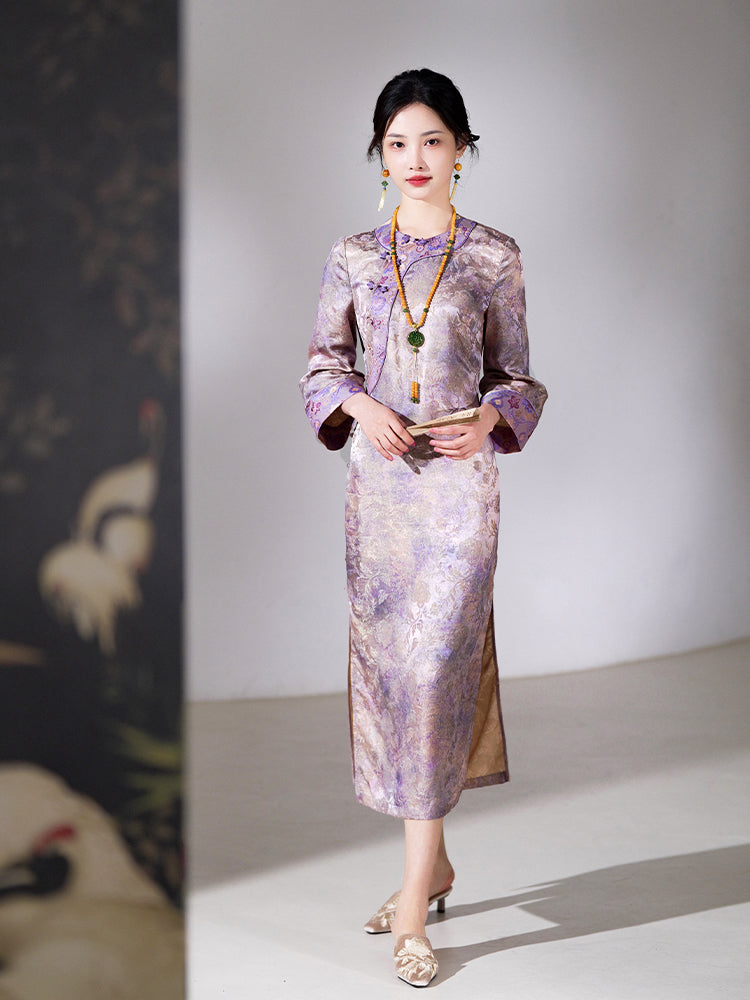 Lilac Purple Handwoven Song Brocade Silk | Modern one-Pieces Qipao Dress  (梦予)