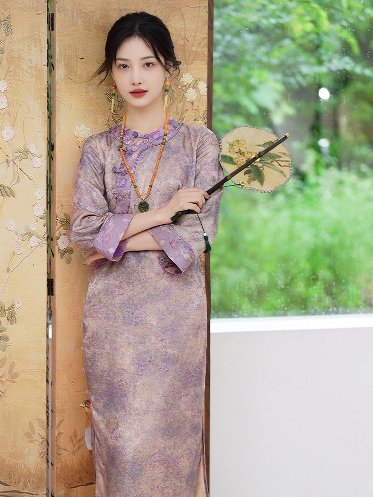Lilac Purple Handwoven Song Brocade Silk | Modern one-Pieces Qipao Dress  (梦予)