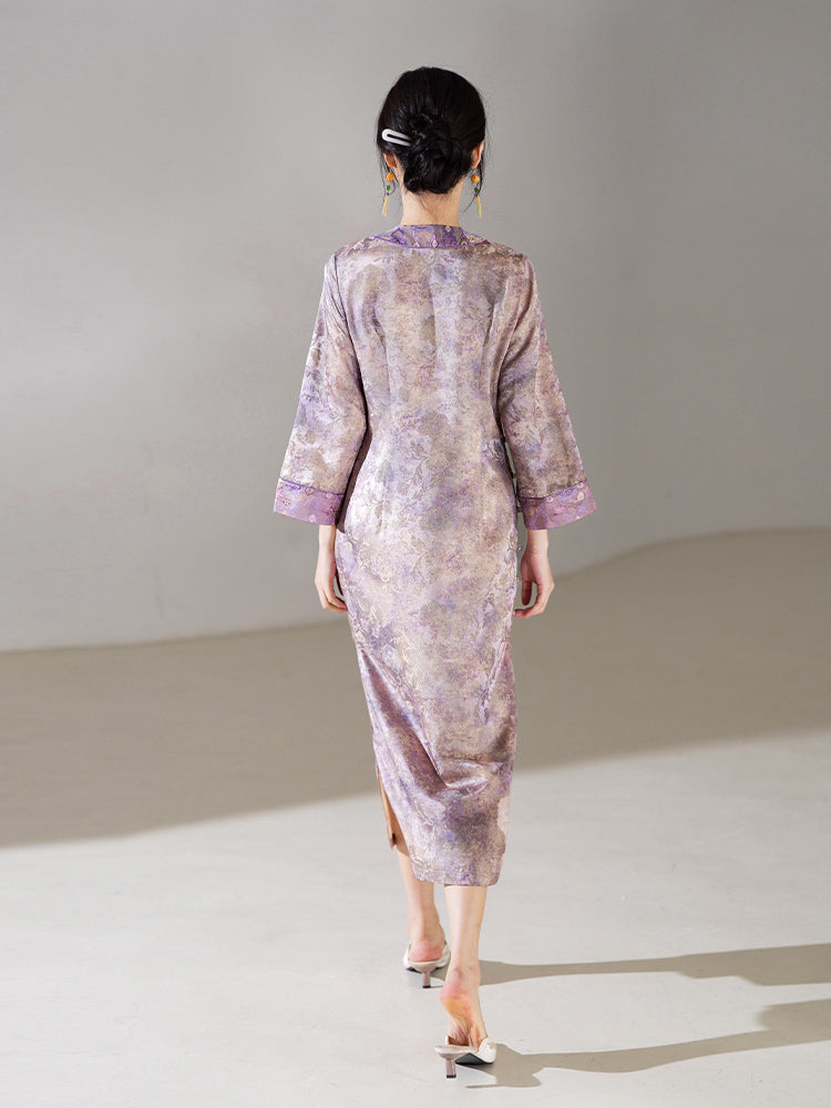 Lilac Purple Handwoven Song Brocade Silk | Modern one-Pieces Qipao Dress  (梦予)