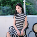 Black and white wave pattern| Modern one-Pieces Qipao Dress（觅晴） - E·Beauty