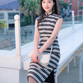 Black and white wave pattern| Modern one-Pieces Qipao Dress（觅晴） - E·Beauty