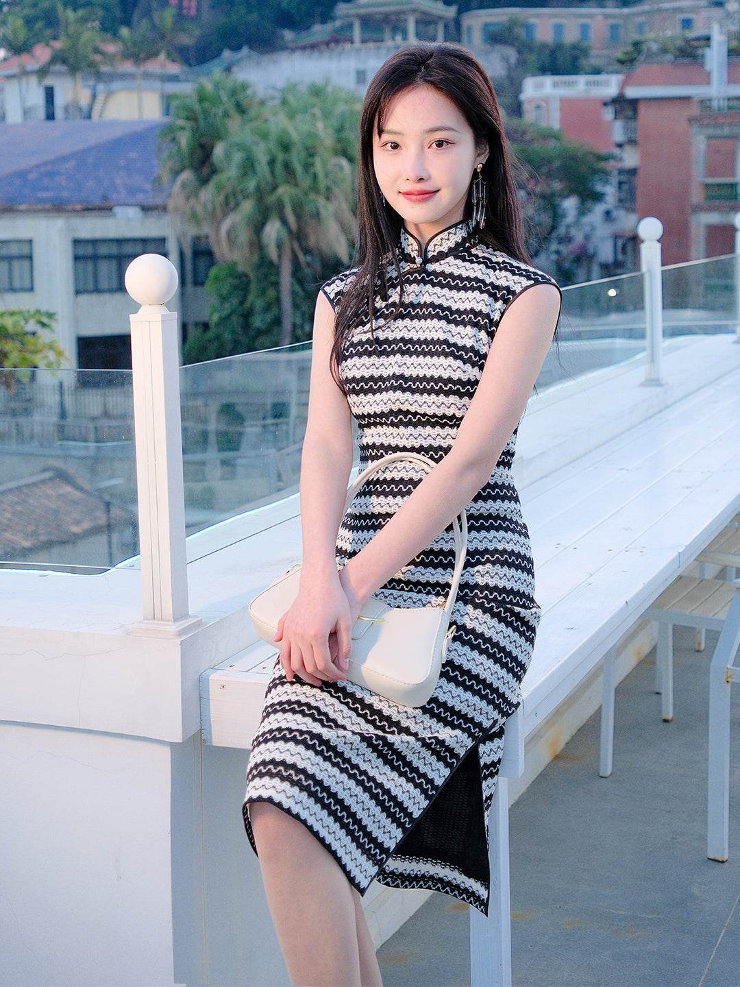 Black and white wave pattern| Modern one-Pieces Qipao Dress（觅晴） - E·Beauty
