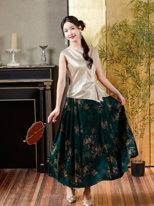 Champagne Weighted Acetate | Neo-Chinese Drop-Shoulder Top (凝芷)