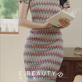 A beige base color with zigzag stripes in red, blue and brown|Modern one-Pieces Qipao Dress（倾黛）