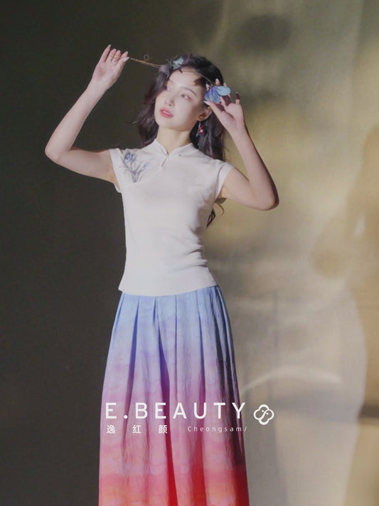 White|Orchid Embroidery Modern one-Pieces Qipao blouse（令娴）