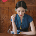 Peacock Blue Silk Satin Artisanal Embroidery | Neo-Chinese Dress (莞莞)