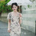 Warm Apricot Frosted Matte Stretch Mesh | Modern one-Pieces Qipao Dress (竹瑶)