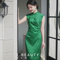 Green acetate jacquard fabric| Modern one-Pieces Qipao Dress（翠微）