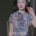 Blue, purple and orange coloring|Modern one-Pieces Qipao top（叶栀）