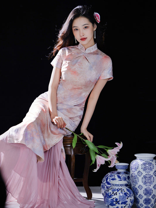 Pink Water Nymph Jinling Satin Embroidery | Modern one-Pieces Qipao Dress(浅椿)