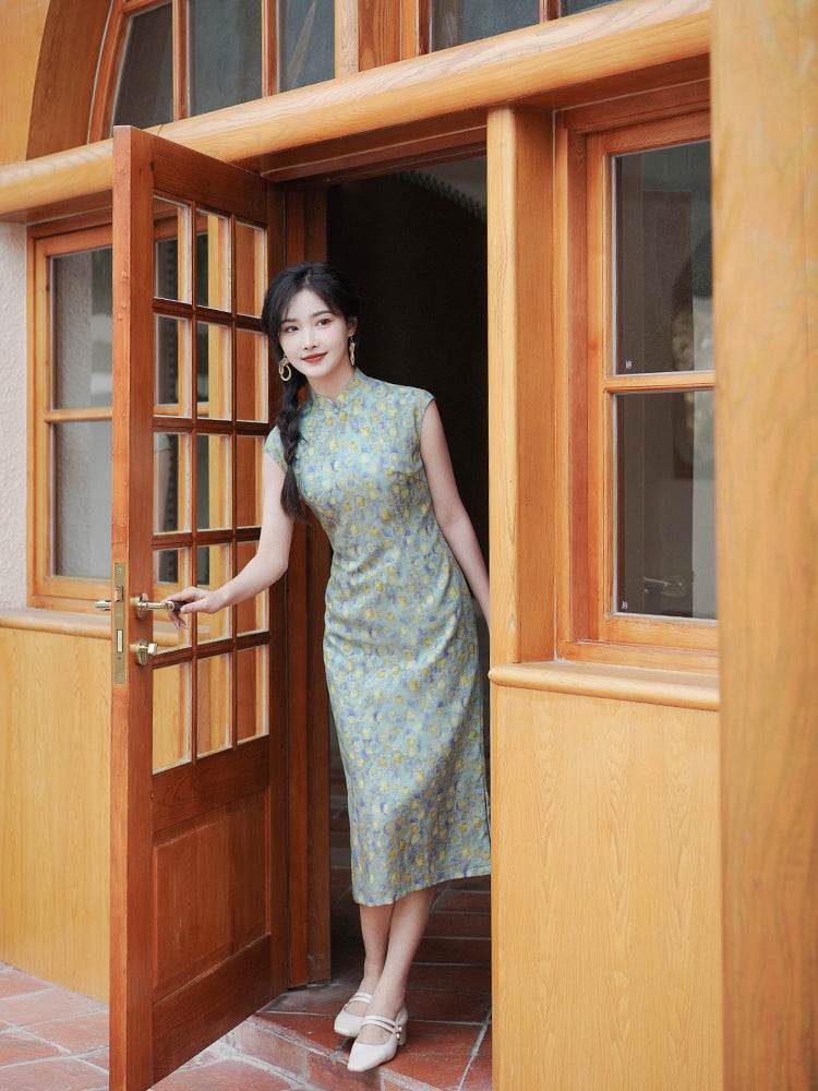 Soft green painterly print| Modern one-Pieces Qipao Dress（婺曼） - E·Beauty