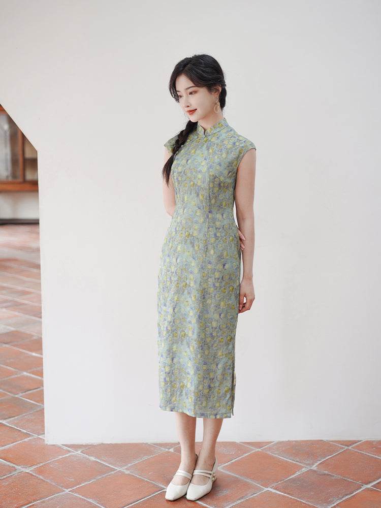 Soft green painterly print| Modern one-Pieces Qipao Dress（婺曼） - E·Beauty