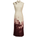 Oxblood red Mapped Ombré Dyeing | Modern one-Pieces Qipao Dress（桃浅） - E·Beauty