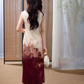 Oxblood red Mapped Ombré Dyeing | Modern one-Pieces Qipao Dress（桃浅） - E·Beauty