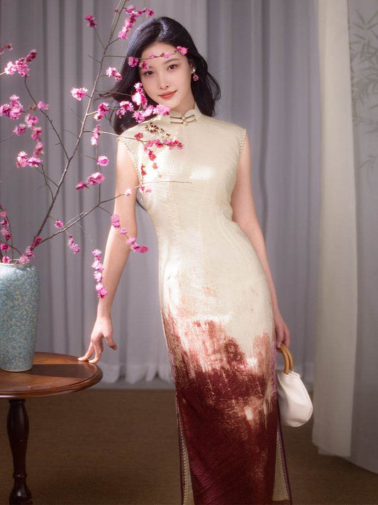 Oxblood red Mapped Ombré Dyeing | Modern one-Pieces Qipao Dress（桃浅） - E·Beauty