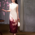 Oxblood red Mapped Ombré Dyeing | Modern one-Pieces Qipao Dress（桃浅） - E·Beauty