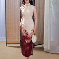 Oxblood red Mapped Ombré Dyeing | Modern one-Pieces Qipao Dress（桃浅） - E·Beauty