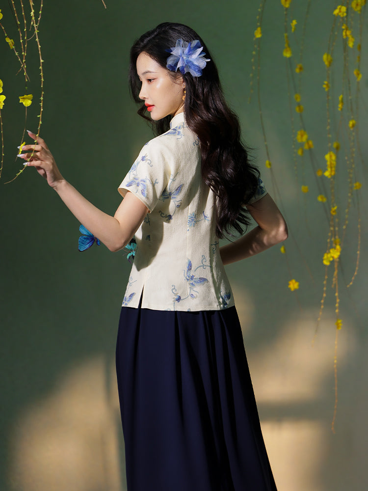 Apricot White Delicate Linen Two-Piece Set | Short Qipao Top(温言)