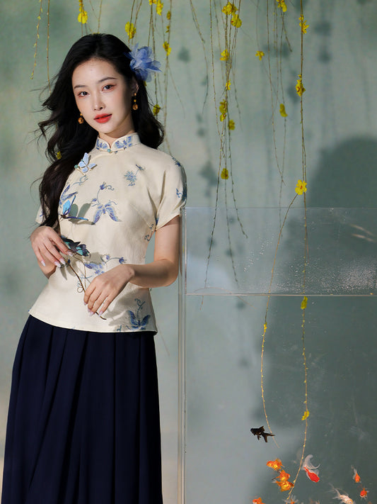 Apricot White Delicate Linen Two-Piece Set | Short Qipao Top(温言)