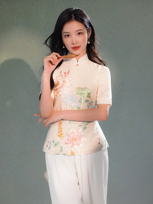 Beige Organic Cotton-Linen | Quarter-Sleeve Qipao Top (小荷间)