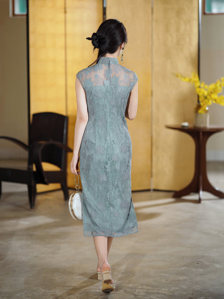 Celestial Aurora Blue Premium Lace | Modern one-Pieces Qipao Dress (雅瓷)