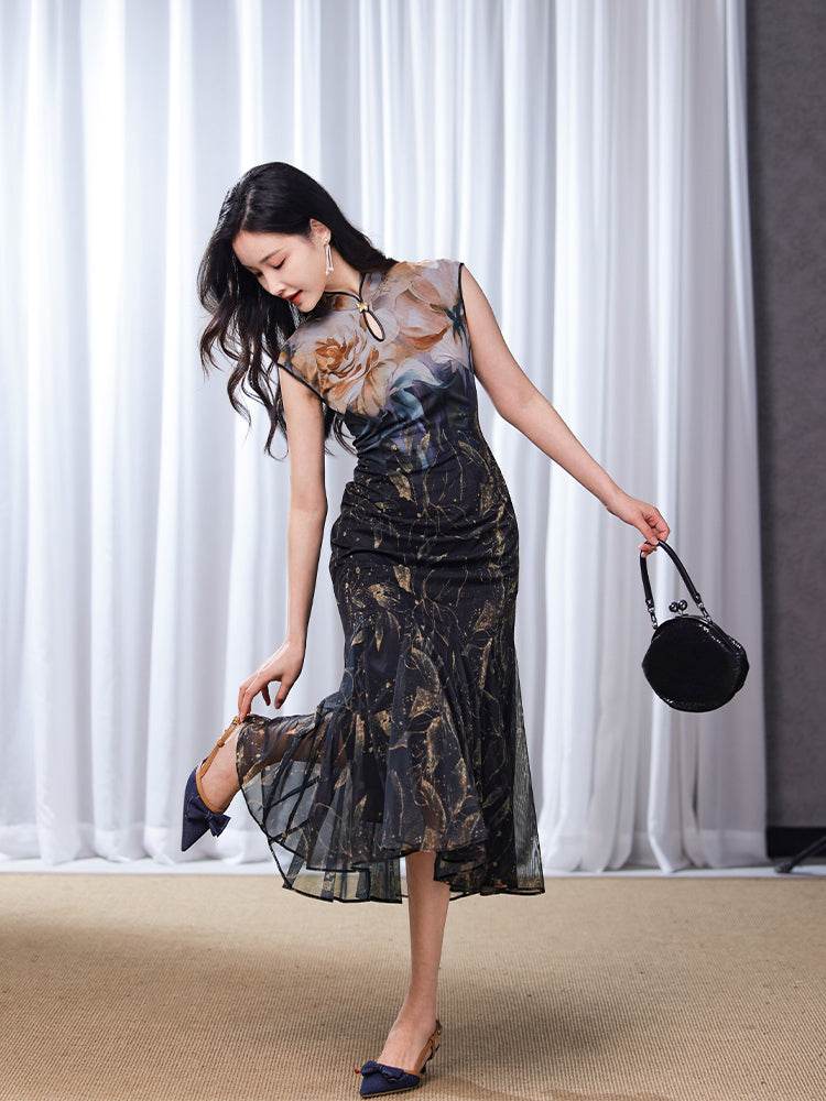 Rose print pattern|Gold-thread embroidered mermaid skirt（亦玫） - E·Beauty