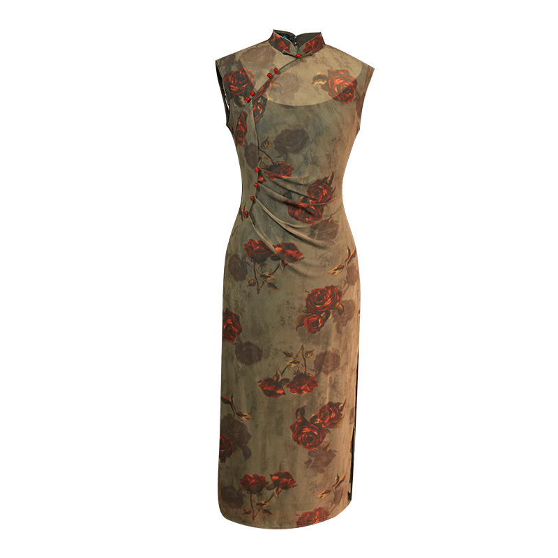 Red rose in Forest Stretch Tulle with Memory Elasticity| Modern one-Pieces Qipao Dress（悠望） - E·Beauty