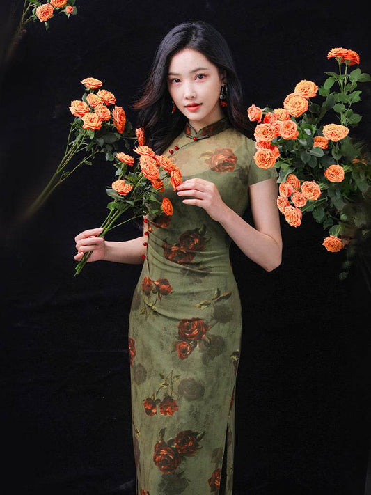 Red rose in Forest Stretch Tulle with Memory Elasticity| Modern one-Pieces Qipao Dress（悠望） - E·Beauty