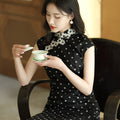 Ink-Black Shanghai Noir Polka Dots | Modern one-Pieces Qipao Dress(语莺)