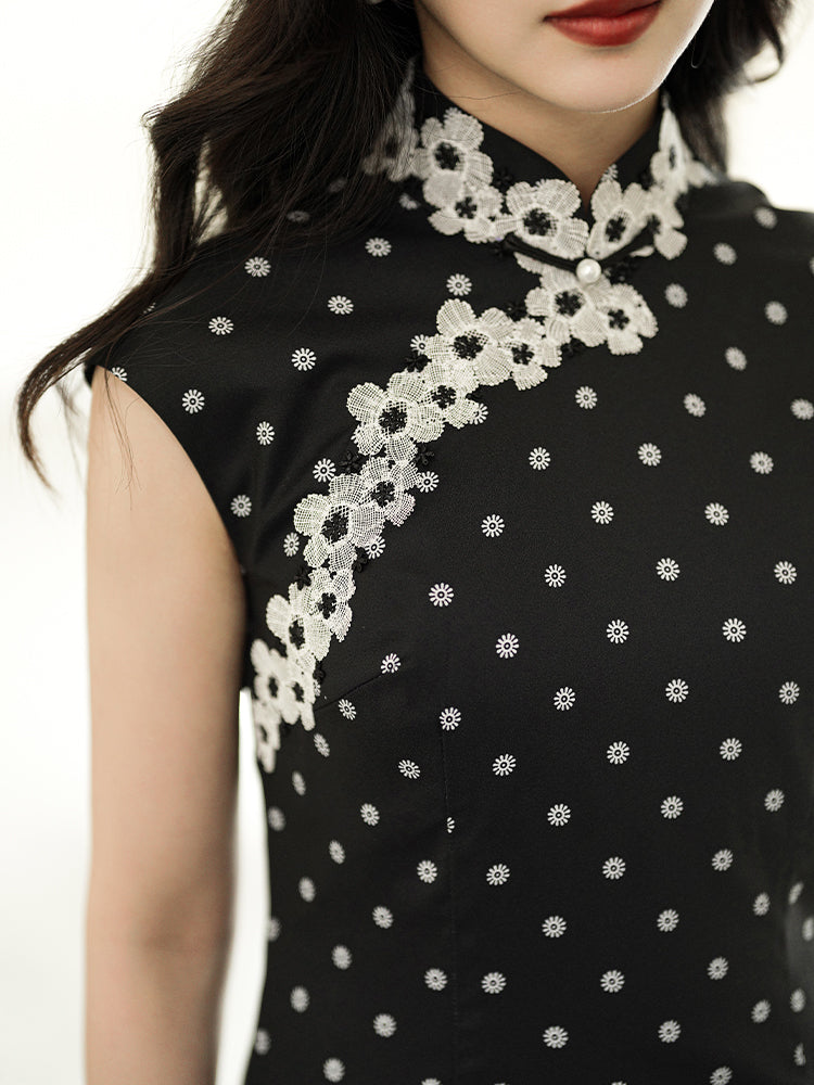 Ink-Black Shanghai Noir Polka Dots | Modern one-Pieces Qipao Dress(语莺)