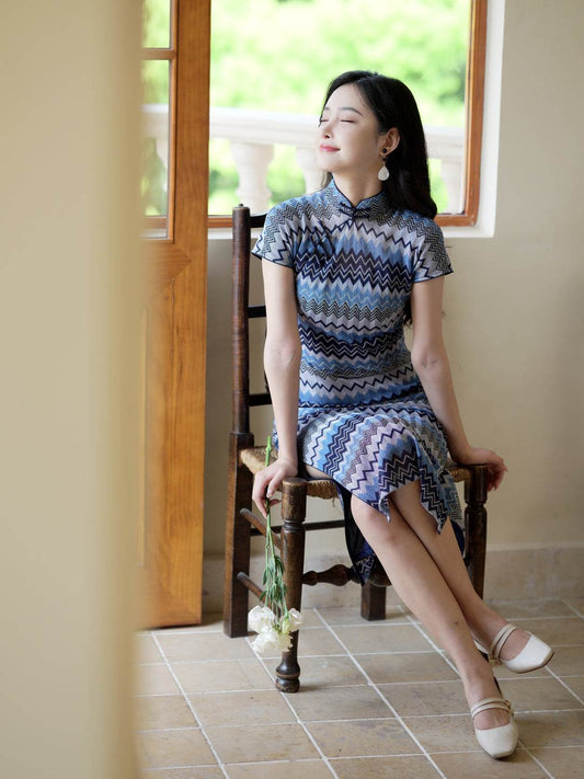 Blue and white wave pattern| Modern one-Pieces Qipao Dress（泽岚） - E·Beauty