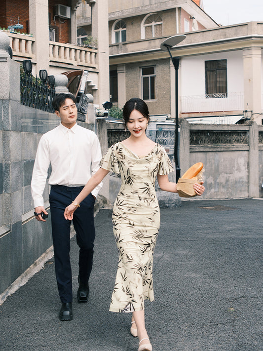 Warm Apricot Frosted Matte Stretch Mesh | Modern one-Pieces Qipao Dress (竹瑶)