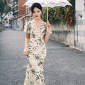 Warm Apricot Frosted Matte Stretch Mesh | Modern one-Pieces Qipao Dress (竹瑶)