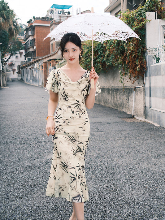 Warm Apricot Frosted Matte Stretch Mesh | Modern one-Pieces Qipao Dress (竹瑶)