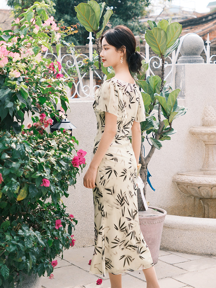 Warm Apricot Frosted Matte Stretch Mesh | Modern one-Pieces Qipao Dress (竹瑶)