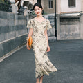 Warm Apricot Frosted Matte Stretch Mesh | Modern one-Pieces Qipao Dress (竹瑶)