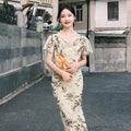 Warm Apricot Frosted Matte Stretch Mesh | Modern one-Pieces Qipao Dress (竹瑶)