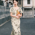 Warm Apricot Frosted Matte Stretch Mesh | Modern one-Pieces Qipao Dress (竹瑶)